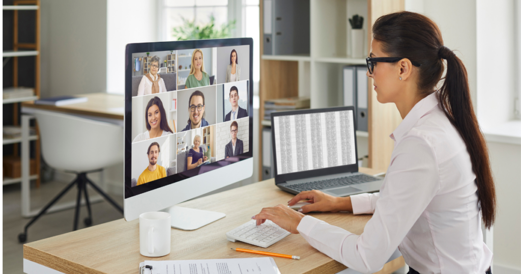 a woman working remotely in her office