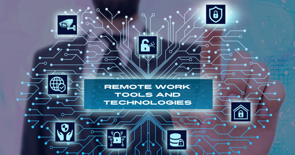 creative poster with electronic circuits and a center box with words "remote work tools and technologies" in the middle