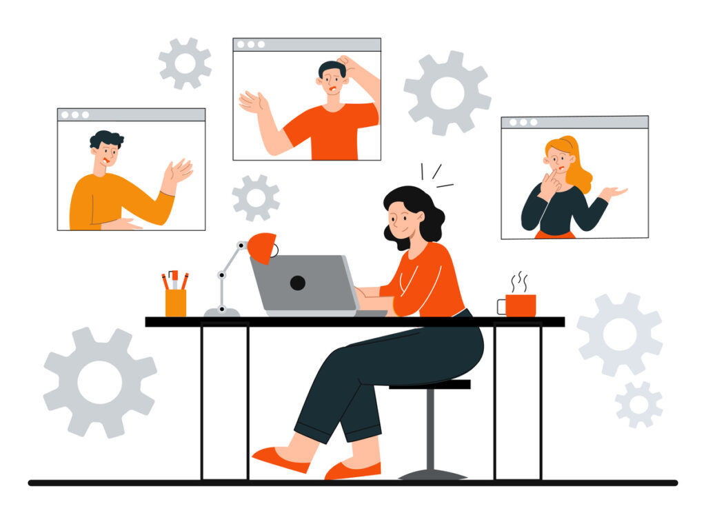 Concept of teamwork. Girl sitting at laptop, remote conference, video call, internet. Online board meeting, workflow, brainstorming, finding optimal solution.