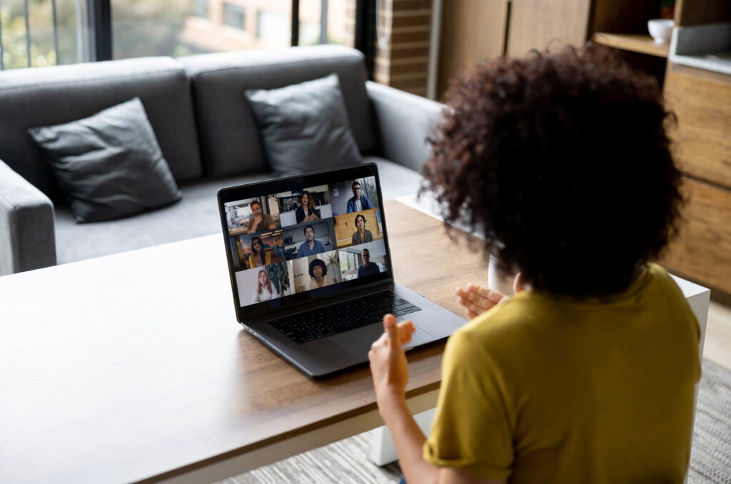 Woman performing group virtual interviews and assessments