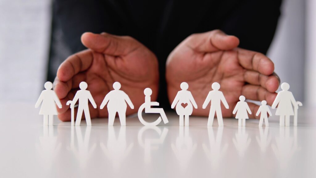 man with open hands as background and cutouts of a diverse and inclusive remote team as foreground