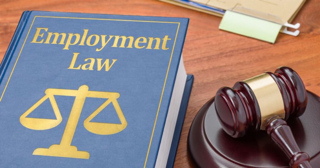 a judge's hammer and a book on remote employment laws