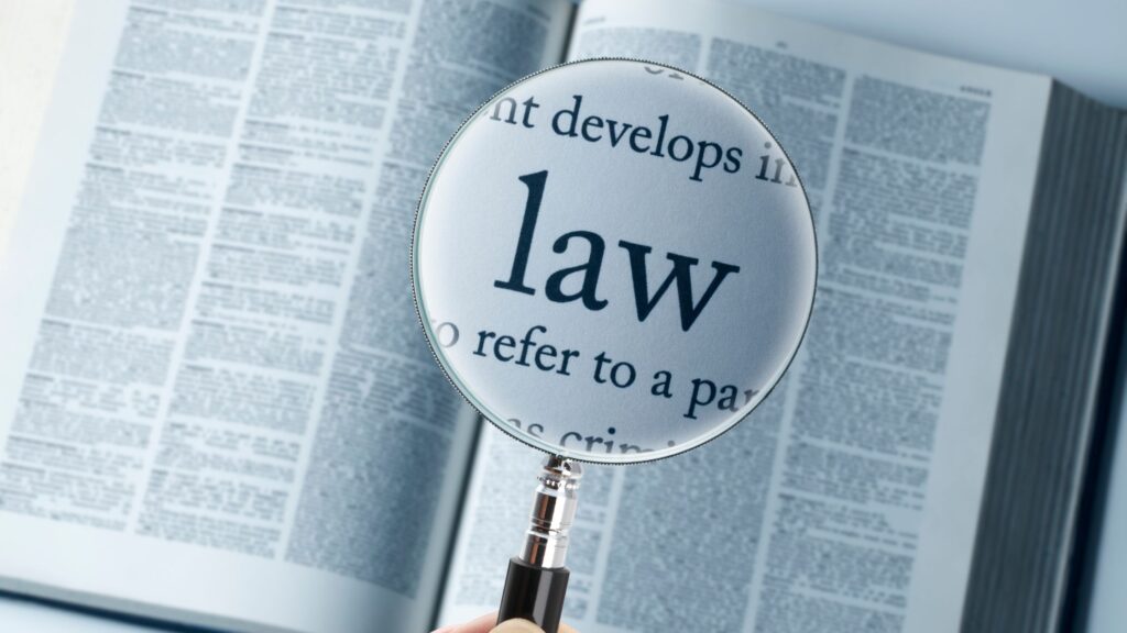 magnifying glass over a book and the words law to depict labor laws and regulations for 2024