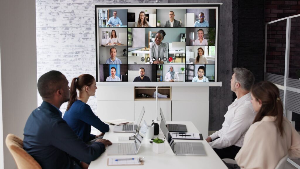 a team doing a video conferencing meeting